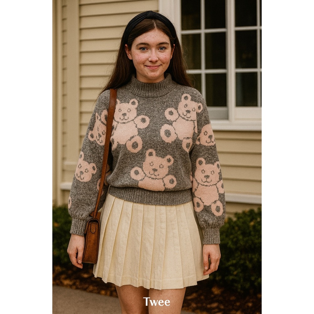 Vintage Teddy Bear Print Grey Pink Mock Neck Sweater Size Small Girlhood Twee